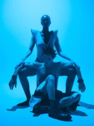 Two models posed against a vibrant blue studio backdrop with dramatic monochromatic lighting and avant-garde styling.
