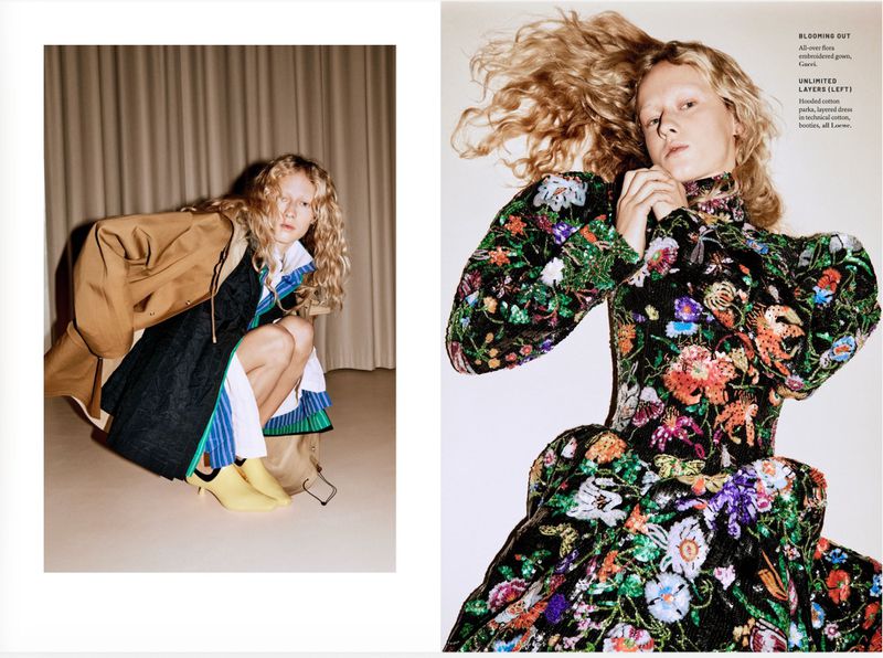 Double page fashion magazine spread featuring model Kate van Berne in floral embroidered gown and layered coat