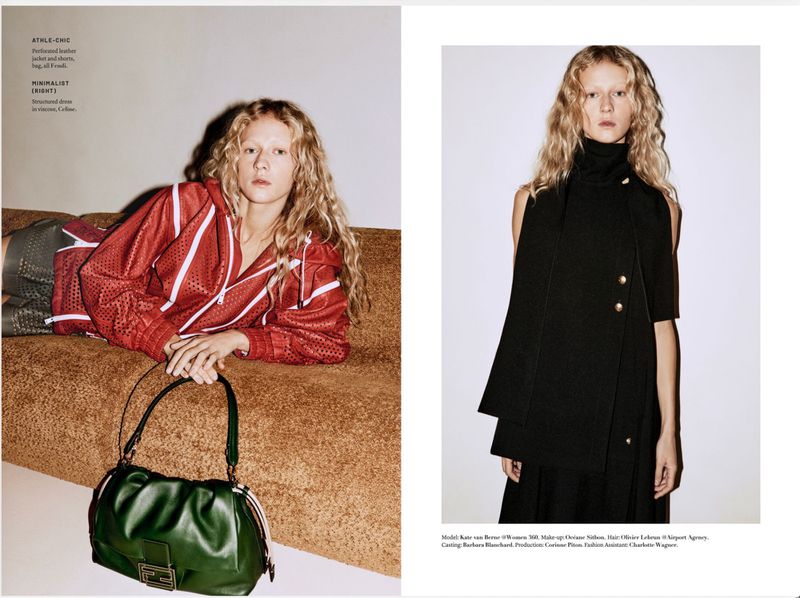 Fashion editorial shot featuring a model in a red perforated jacket with a green handbag, and another model in a black dress.
