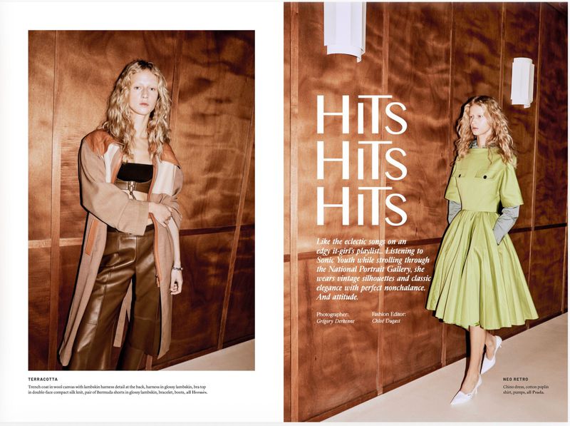 Model Kate van Berne in a magazine spread featuring a brown coat and leather trousers against wood panels