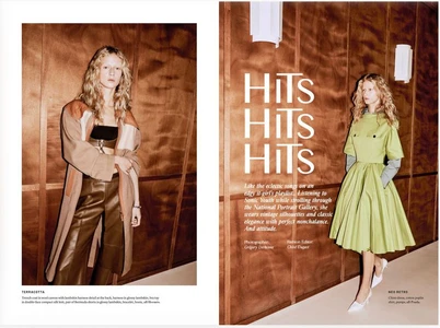 Model Kate van Berne in a magazine spread featuring a brown coat and leather trousers against wood panels