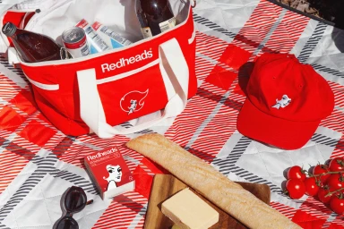 Red cooler bag, red baseball cap, matchbox, and picnic food spread out on a red and white checkered blanket.