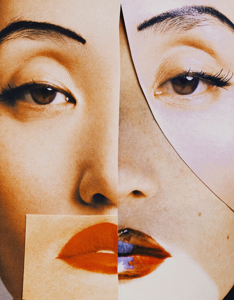 Asian woman's face depicted in a collage, with eyes, nose, and mouth components, showcasing beauty and artistry, and fashion concept.