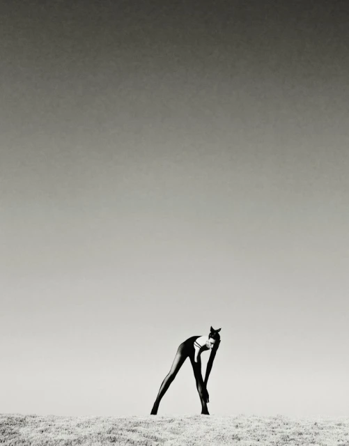 Adult woman in a black one-piece swimsuit leans forward on a sand dune under a bright sky, captured in a high-contrast black-and-white shot.