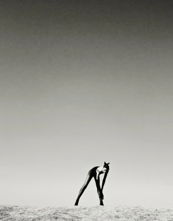 Adult woman in a black one-piece swimsuit leans forward on a sand dune under a bright sky, captured in a high-contrast black-and-white shot.