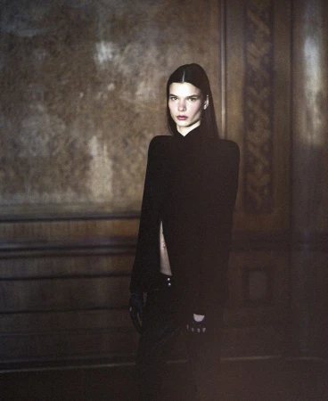 Model in an all-black high-neck outfit standing in front of a moody, textured wood-paneled wall.