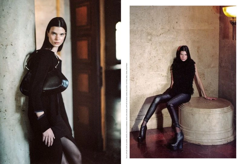 Fashion shot of a woman in black dress with a handbag standing near a textured wall, and another woman in leggings sitting indoors.