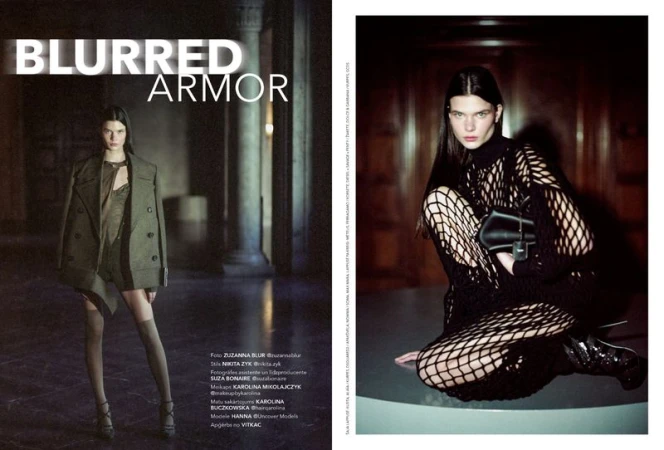 Fashion editorial shot with a dark-haired woman in a black net dress and high-heeled boots; the second image shows a woman in gray apparel.
