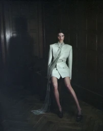 Model seated in structured pale green blazer with long hanging fabric scarf against dark wood paneling interior