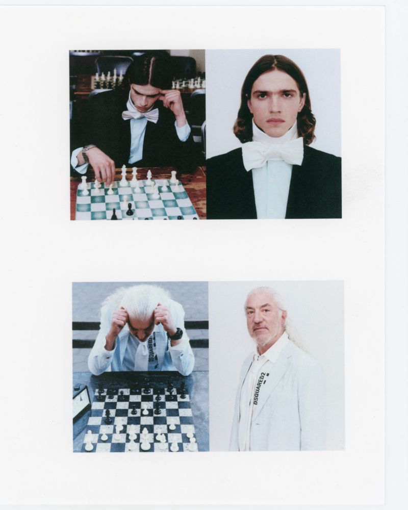 Composite fashion portrait featuring two men playing chess and posing against a plain background.