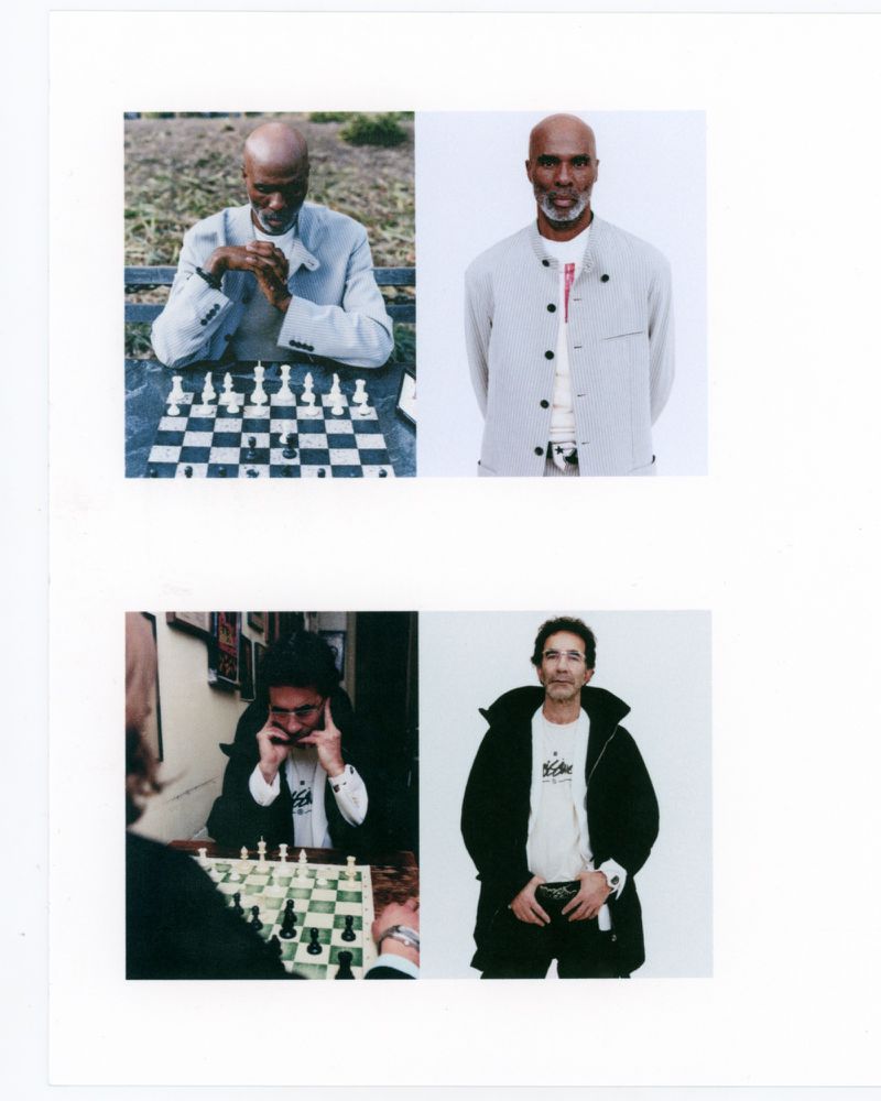 A multi-panel editorial layout featuring portraits of men playing chess outdoors and posing against a white background.