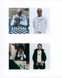 A multi-panel editorial layout featuring portraits of men playing chess outdoors and posing against a white background.
