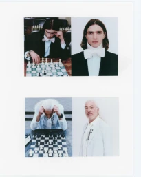 Composite fashion portrait featuring two men playing chess and posing against a plain background.