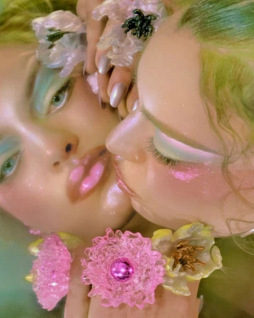 Close-up beauty portrait of two models adorned with translucent pink floral jewelry and shimmering pastel eyeshadow.