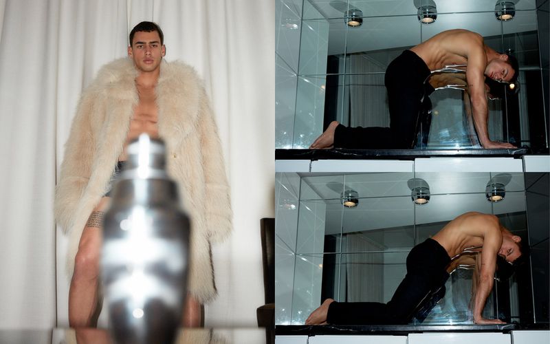 Two frames: a man in a fur coat and a blurred cocktail shaker and a man in a mirrored cube kneeling in a yoga pose.