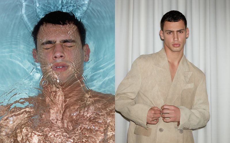 Diptych of model Barak Shamir underwater on the left and posing in a beige tailored jacket against a draped curtain on the right.