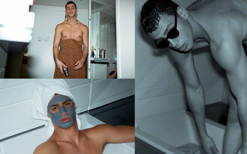 Collage of shirtless man with towel wrapped around waist, face mask, and sunglasses inside a bathroom with white tiles and fixtures.