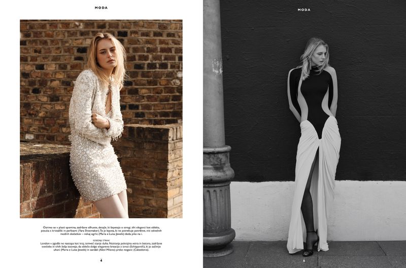 Double-page fashion spread featuring two models in contrasting white and black outfits against brick and dark wall backgrounds.