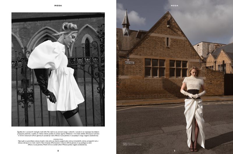 Two-page fashion magazine spread featuring a model in a white puff-sleeve dress and another standing outdoors on a street.