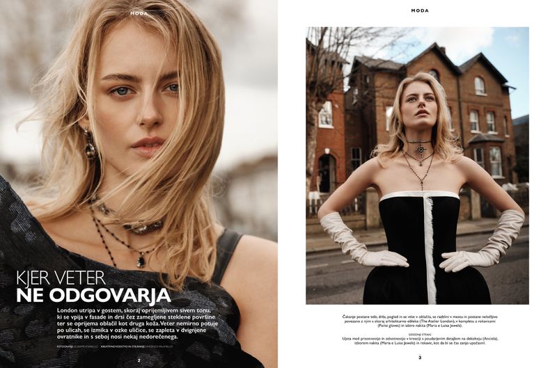 Editorial double-page spread for Grazia Slovenia featuring a blonde woman in an off-the-shoulder black and white dress and long white gloves.