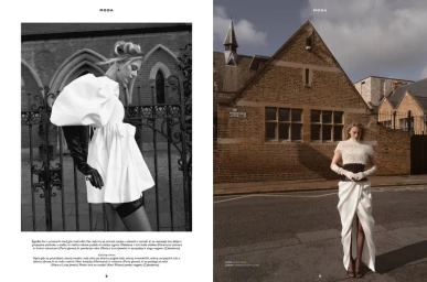 Two-page fashion magazine spread featuring a model in a white puff-sleeve dress and another standing outdoors on a street.
