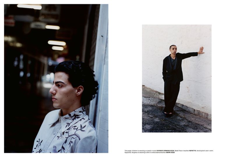 Two fashion photos feature men wearing designer suits and shirts. The men are posing against a wall and in a dark passageway.