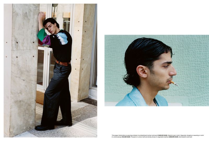 Editorial two-page spread featuring young men modeling designer clothing against architectural backgrounds.
