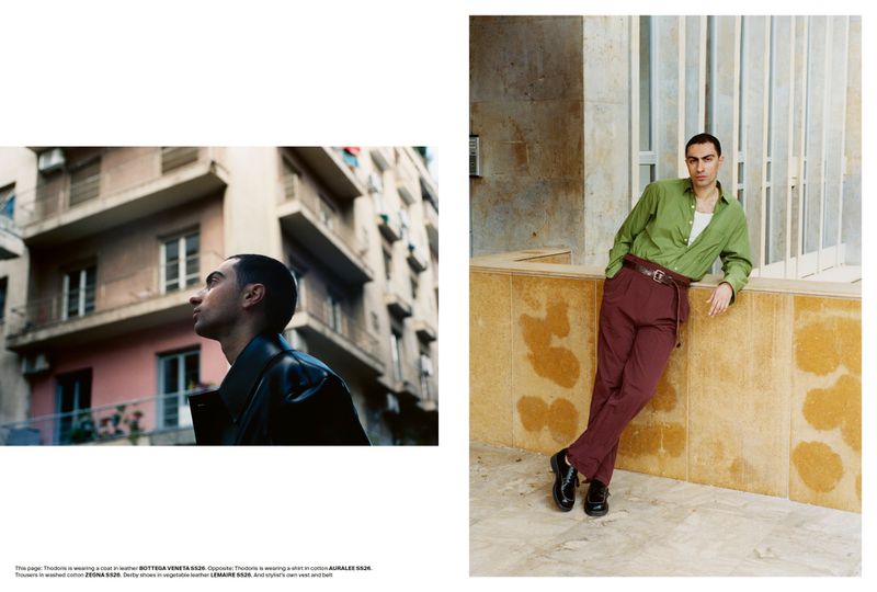 Editorial layout featuring two portraits of a man outdoors in Athens for AnOther Man Magazine