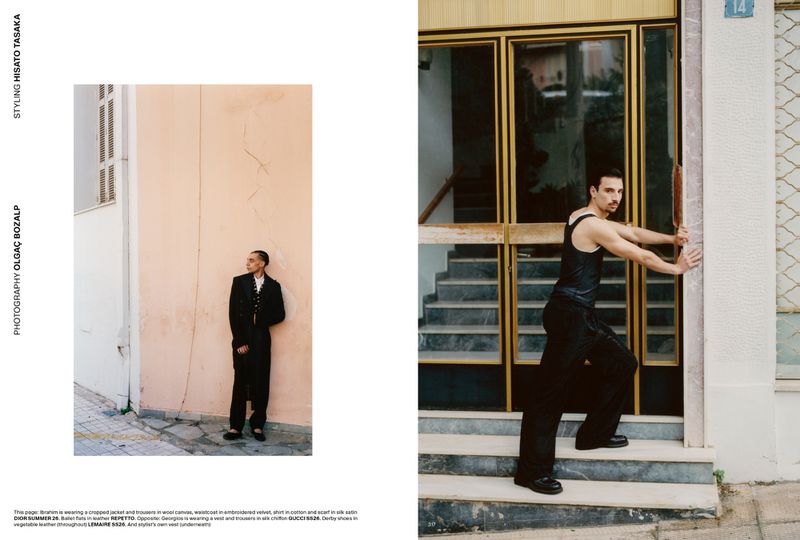 Editorial spread for AnOther Man Magazine featuring two men posing against outdoor architectural backdrops in Athens.
