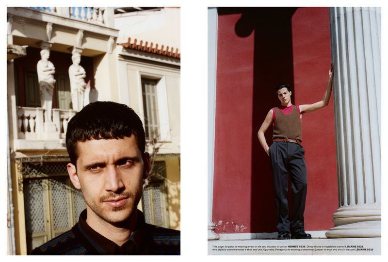 Two-page magazine spread showing a close-up portrait of a man on the left and a full-length portrait of a man by a red wall on the right.