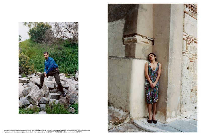 Two editorial fashion portraits of men outdoors among ancient ruins and stone walls for AnOther Man Magazine project Athens.