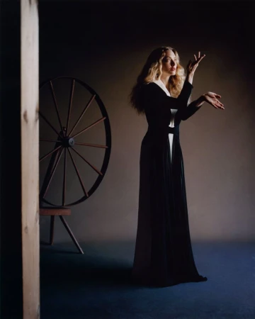 Amanda Seyfried wearing a long black and white dress posing beside a spinning wheel in an interior studio setting.