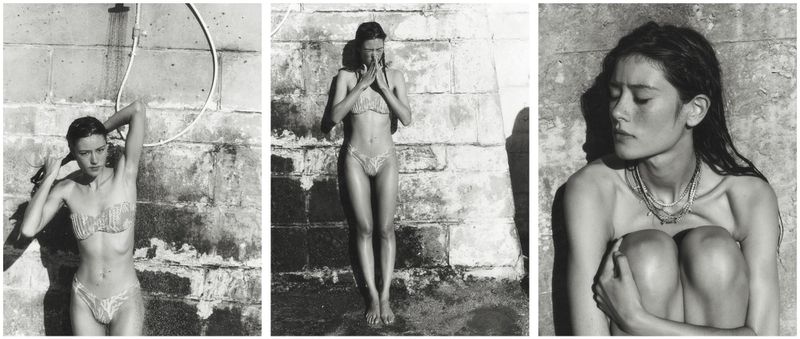 Triptych of black and white fashion photographs featuring a female model in swimwear and necklaces outdoors.