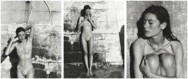 Triptych of black and white fashion photographs featuring a female model in swimwear and necklaces outdoors.