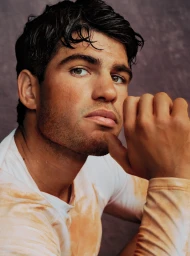 Close-up portrait of tennis player Carlos Alcaraz resting his chin on his hand, wearing a stained white top against a textured dark background.