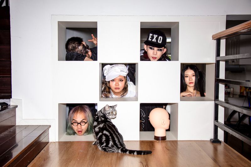Six people pose in cubby holes on a wall next to a cat sitting on the floor in a quirky, architectural portrait with good lighting.