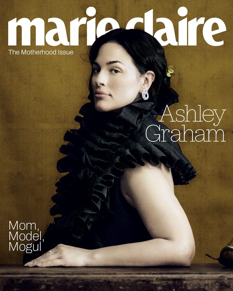 Magazine cover featuring Ashley Graham in black dress with ruffled collar against gold background, 'Marie Claire' logo at top.
