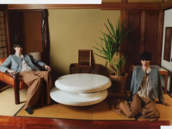 Two models in matching grey jackets and patterned blouses seated in a traditional Japanese room with tatami mats and wooden paneling.