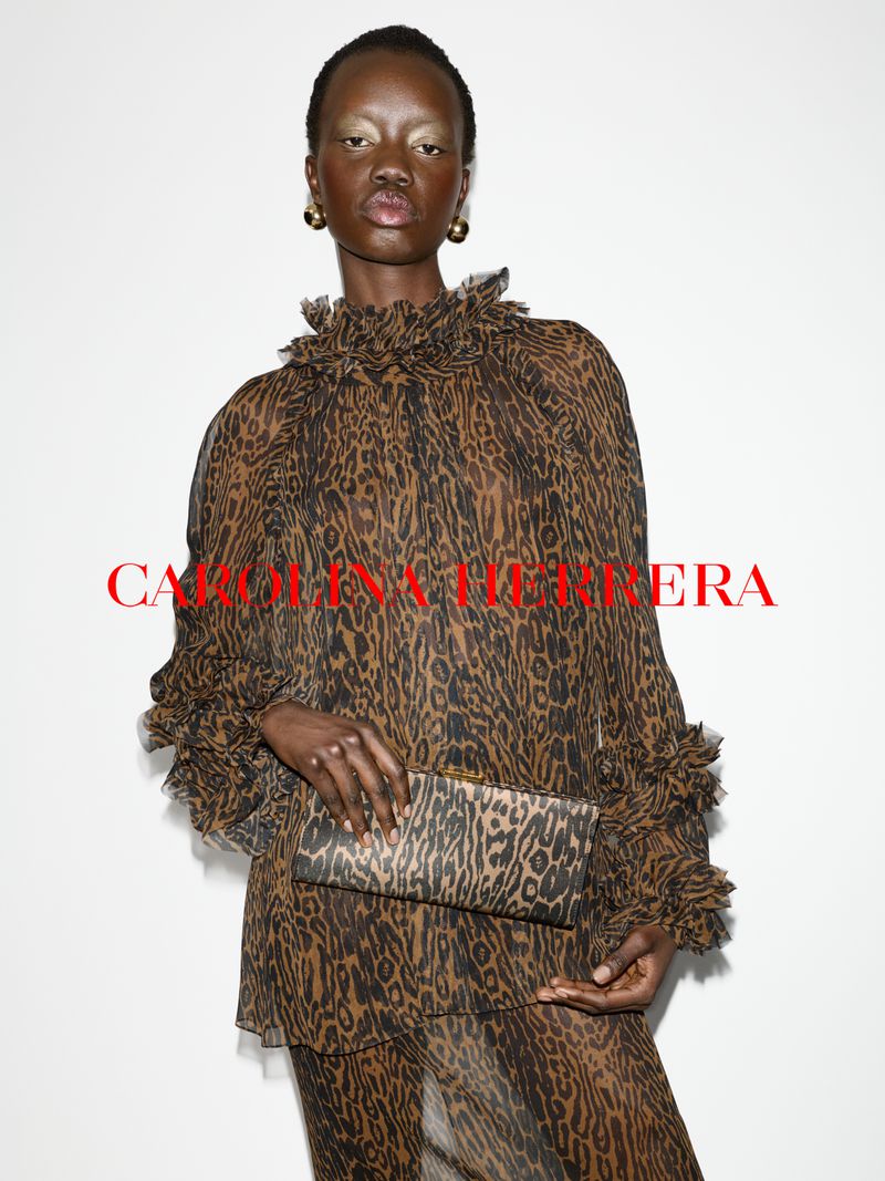 Model in brown leopard print dress holding a matching clutch against a white seamless background
