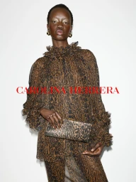 Model in brown leopard print dress holding a matching clutch against a white seamless background