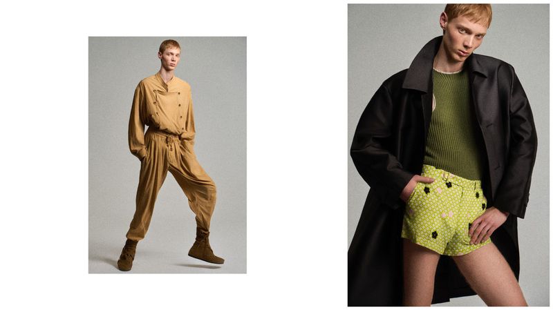 Two panel fashion editorial featuring a male model in tan garments and patterned shorts against a grey seamless backdrop