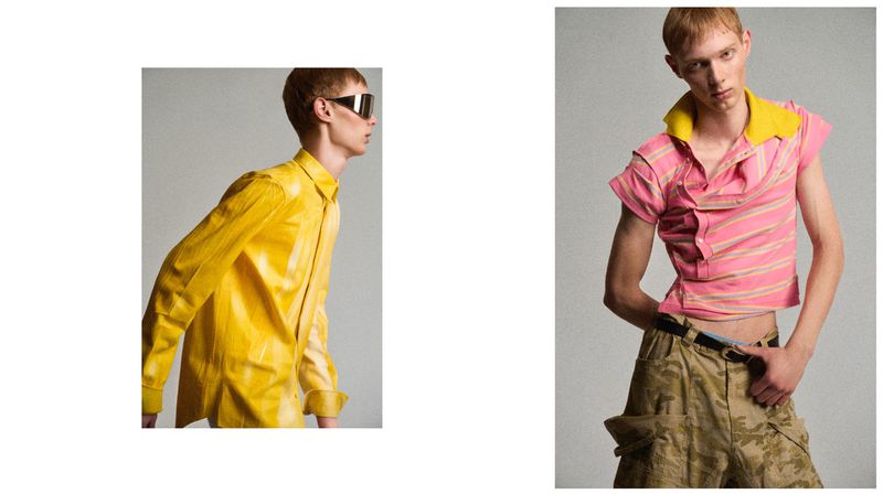 Two side-by-side fashion portraits featuring a male model in colourful striped shirts and futuristic sunglasses against a grey studio backdrop.