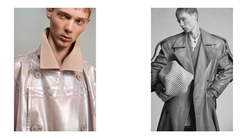 Diptyque fashion editorial image featuring a male model wearing a belted coat and holding a woven bag against a neutral grey studio background