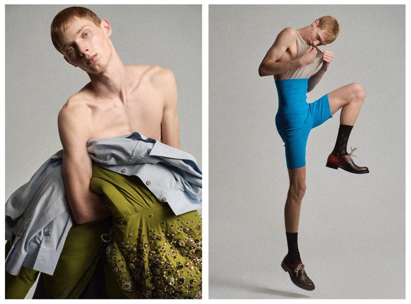 Two-panel fashion shot: A shirtless man holding clothes and another wearing blue shorts and brown shoes in a dynamic pose.