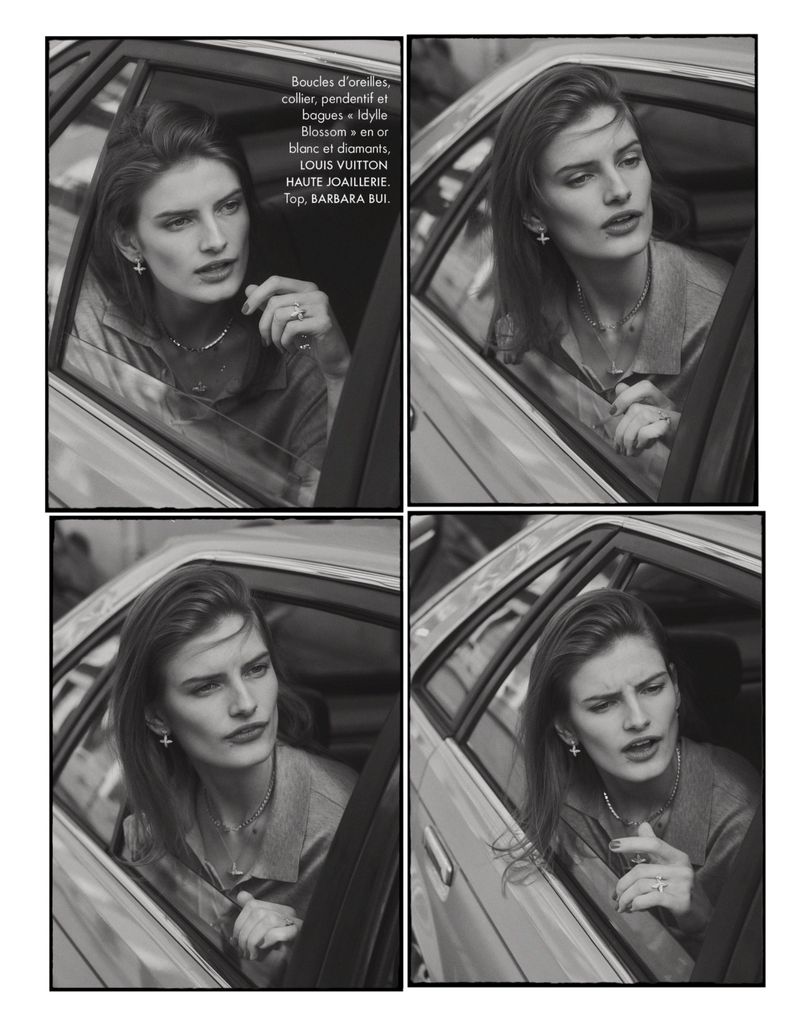 Four-panel black and white editorial featuring a model seated inside a car, wearing earrings and necklaces.