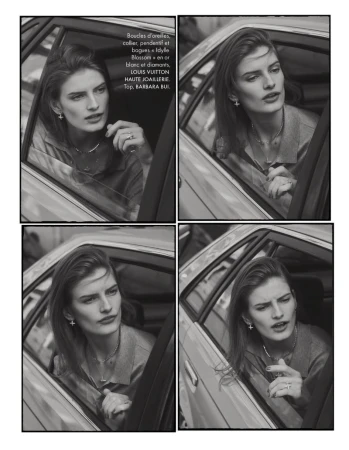 Four-panel black and white editorial featuring a model seated inside a car, wearing earrings and necklaces.