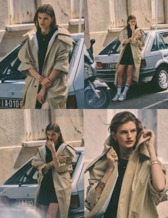 Model in a tan trench coat leaning against a parked car for an Elle France fashion editorial titled Street Tease.