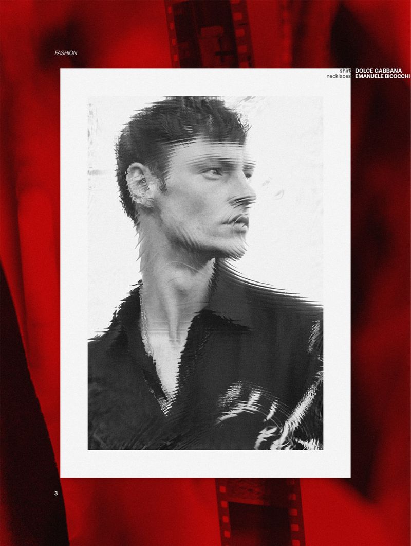 Monochrome portrait of a male model in a dark shirt with digital glitch artifacts against a stark white backdrop