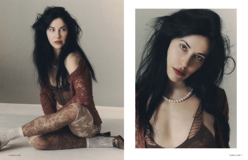 Model Anna Alimani with dark hair wearing patterned tights and a brown lace top in a fashion editorial for Marie Claire Serbia.