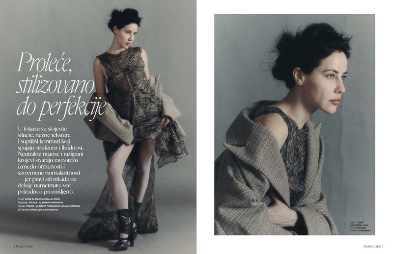Editorial spread featuring model Anna Alimani in a patterned dress and draped jacket against a neutral studio backdrop.